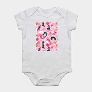 Pastel café sweet love dream // pattern // grey background fuchsia pink pastry details blue dachshund dog puppies Baby Bodysuit